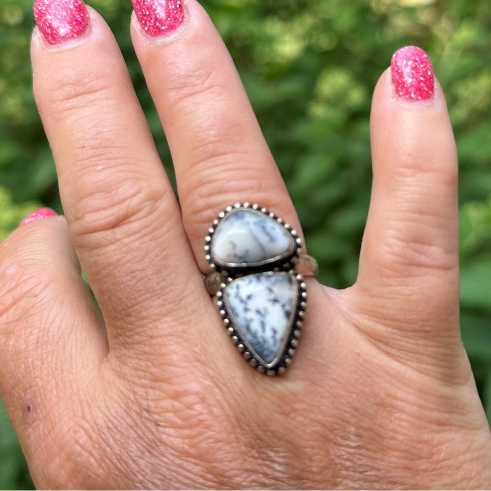 Unique white turquoise ring with double stone